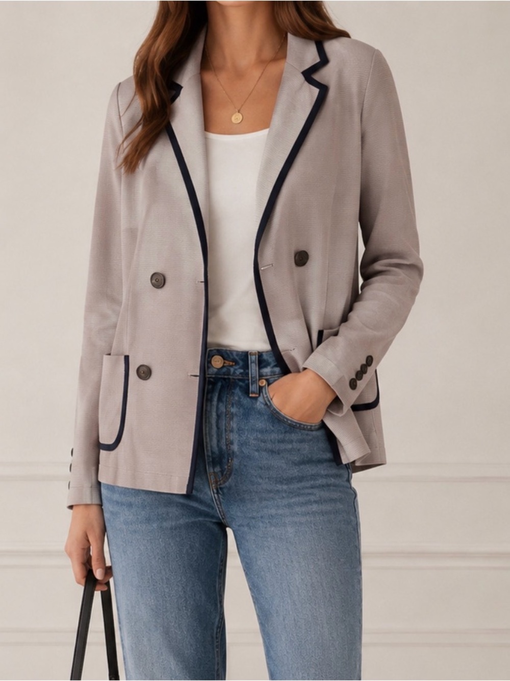 LOFT 100% Cotton Taupe Black Trimmed Double breasted Sweater Blazer size Medium